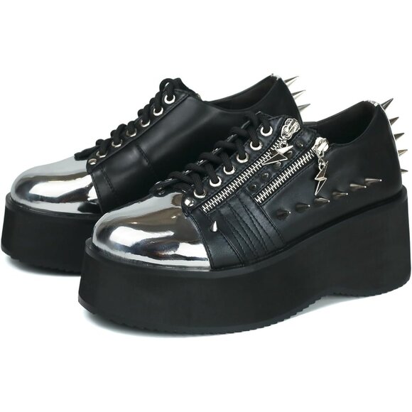 ⚡Women's Black Silver Studs Chrome Plated Toe Cap Platform Wedges Boots - Picture 1 of 8